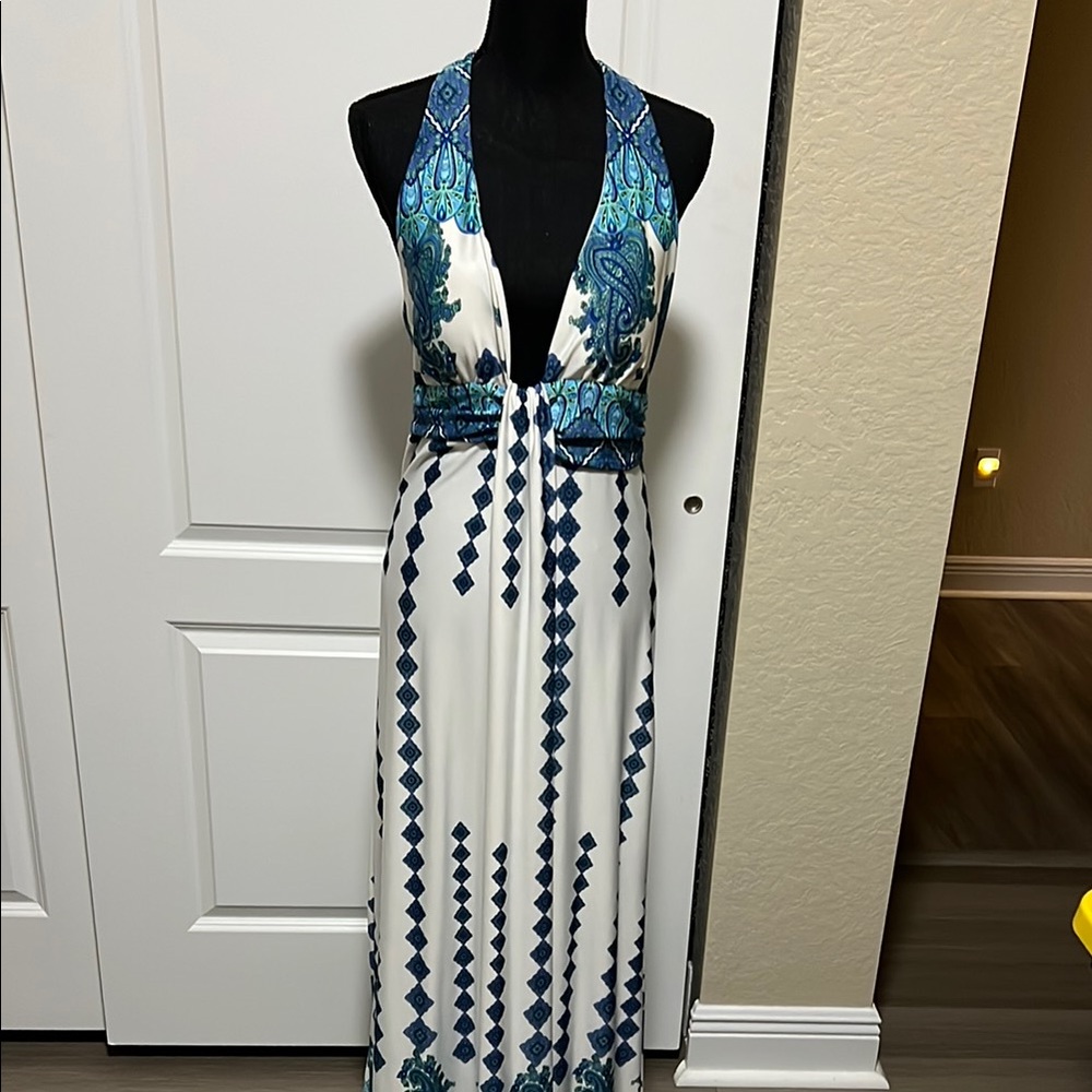 Elegant Blue and White Maxi Dress NWOT